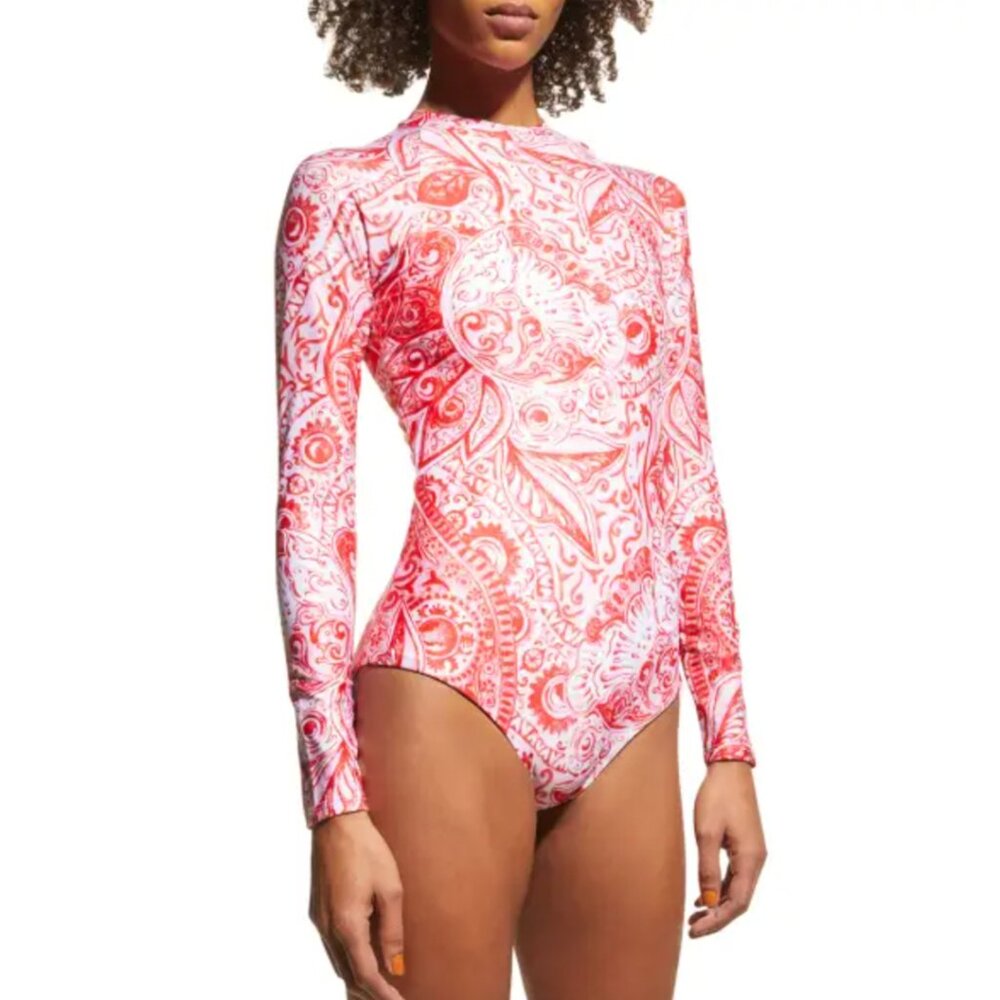 NWT Mara Hoffman Reese Rashguard Swimsuit S Red Pink Paisley Long Sleeve 1Pc